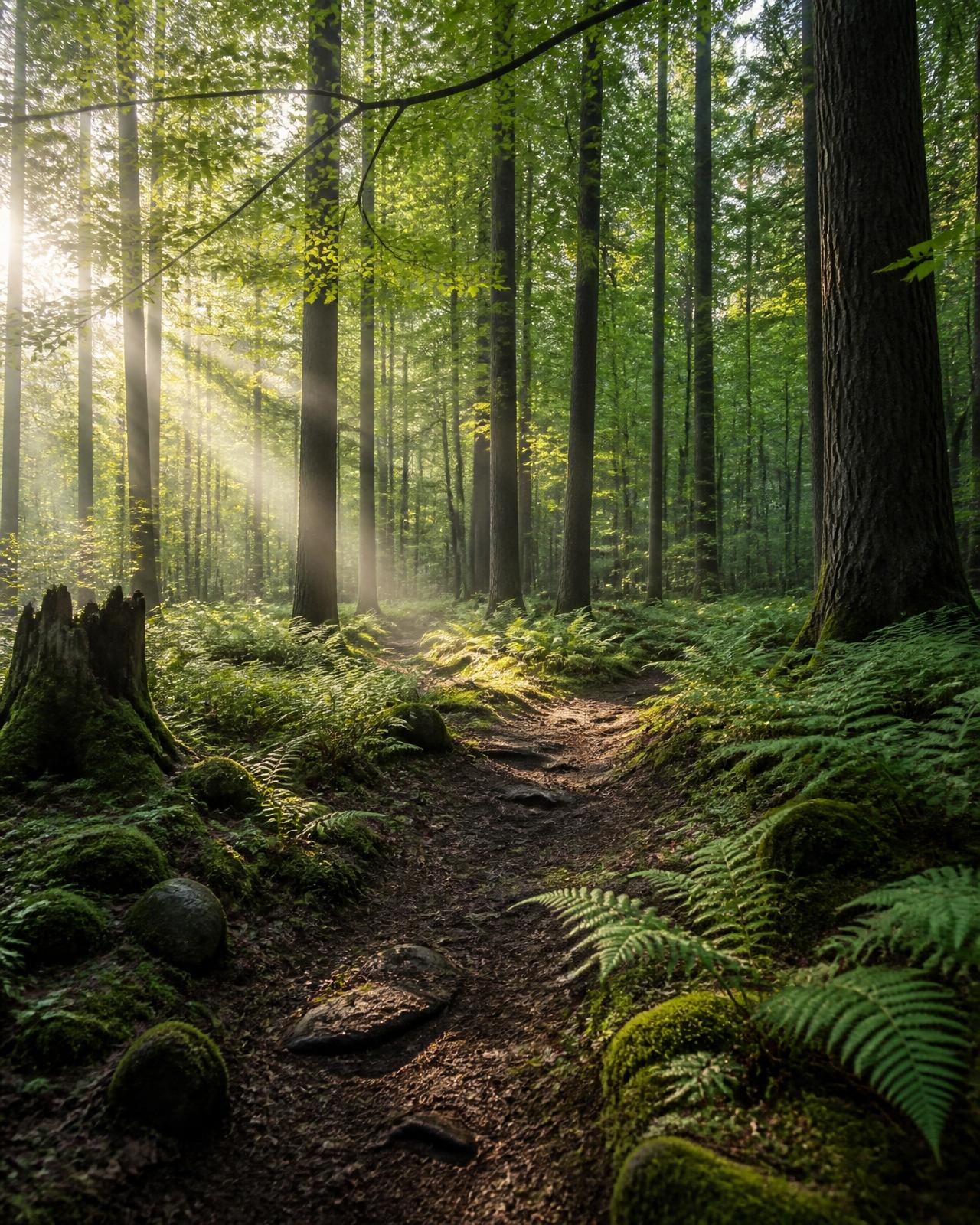 A quiet forest trail with morning light through the trees