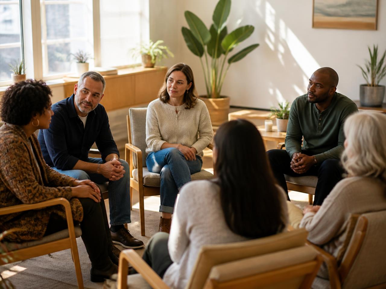 A small group therapy circle in a sunlit room
